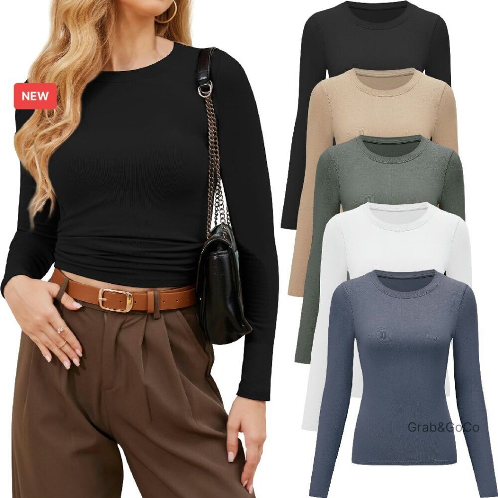 Long Sleeve Crew Neck Tees Slim Fitted Stretchy Y2K Chic Casual Tops